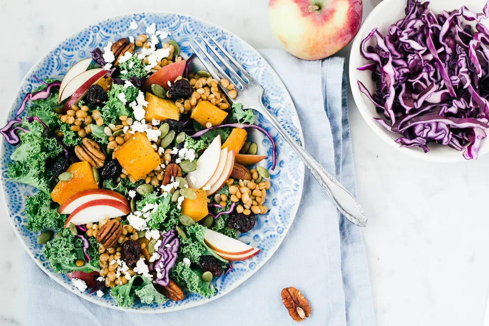 salade d'automne kale courge pomme lentilles