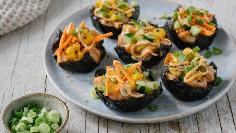 bouchées de sushi saumon et mangue recette rapide sushi bake apéro potluck nutritionniste