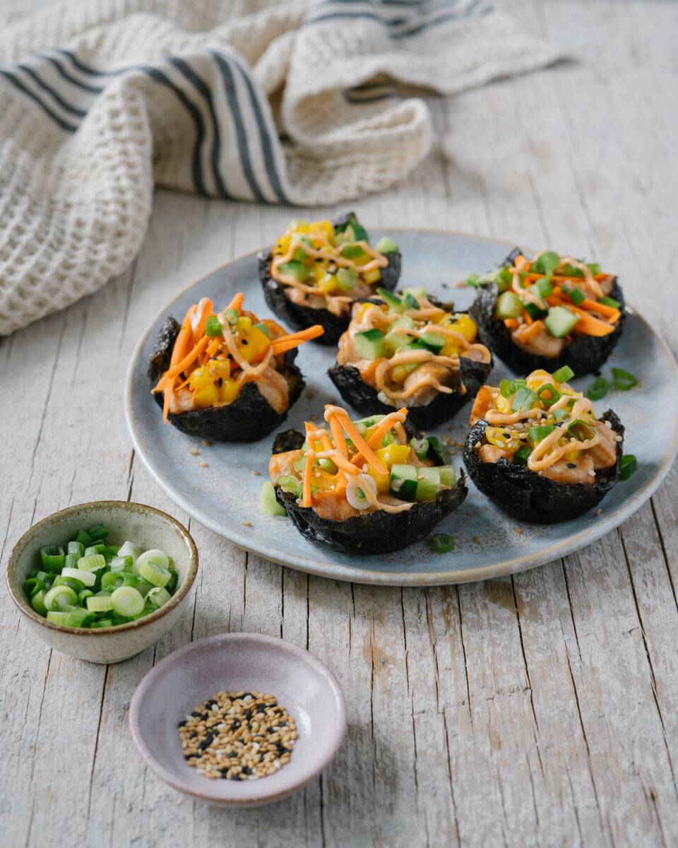 bouchées de sushi saumon et mangue recette rapide sushi bake apéro potluck nutritionniste