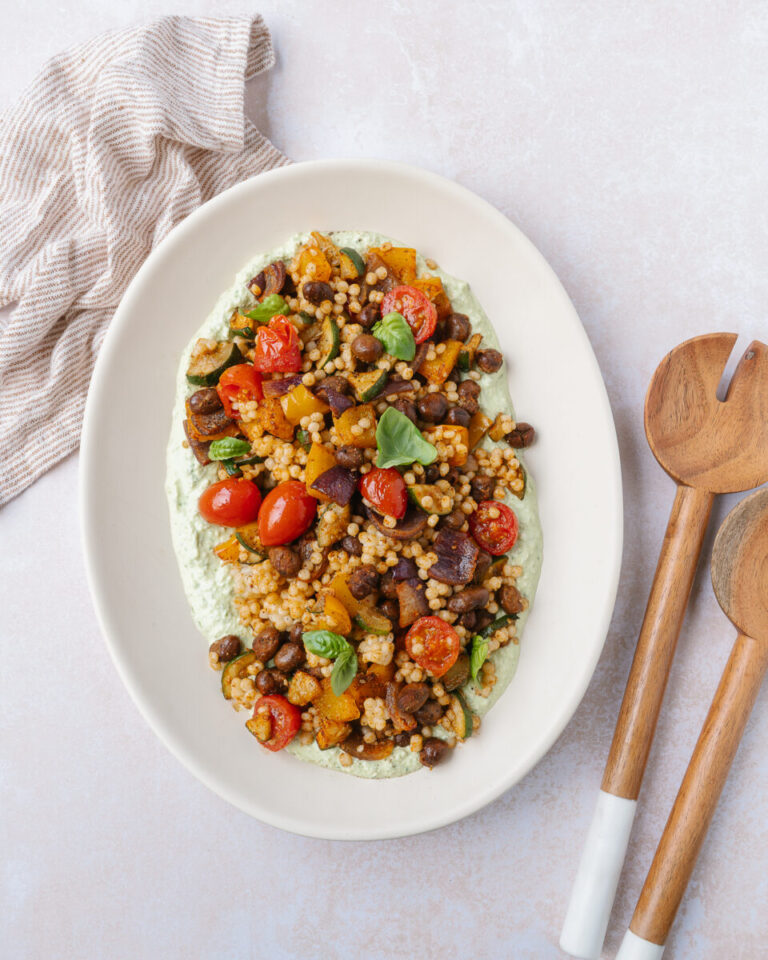 couscous perlé aux légumes grillés, sauce au basilic recette facile et goûteuse