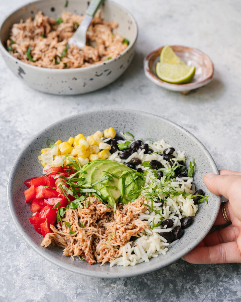bol taco au poulet effiloché repas complet équilibré fait par une nutritionniste